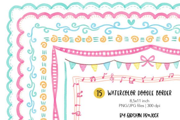 Download 15 Watercolor Doodle Border PNG JPG – Cu - Premium Bundle